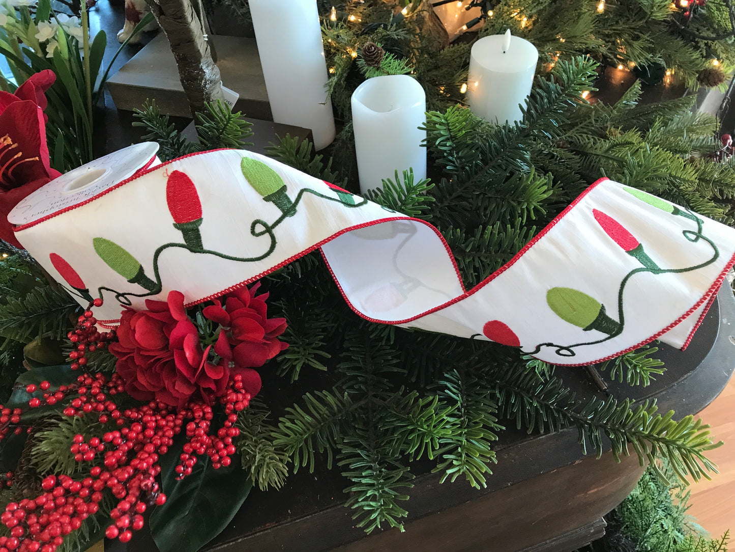 White Faux Dupioni Christmas Lights Ribbon 4"x10yds