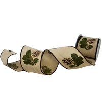 Pinecone W/ Leaves Embroidered Natural Dupion Ribbon 4"x10yds