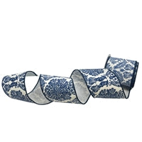 Blue Chinoiserie Print on White Faux Dupioni 4"x10yds