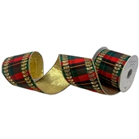 Gold Leaf Embroidery on Traditional Plaid Dupioni With Gold Lame Back Ribbon 4"x10yds