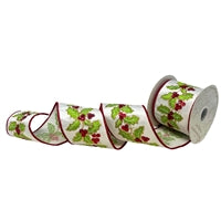 Holly Berry Sequin and Embroidery on White Ribbon 4"x10yds