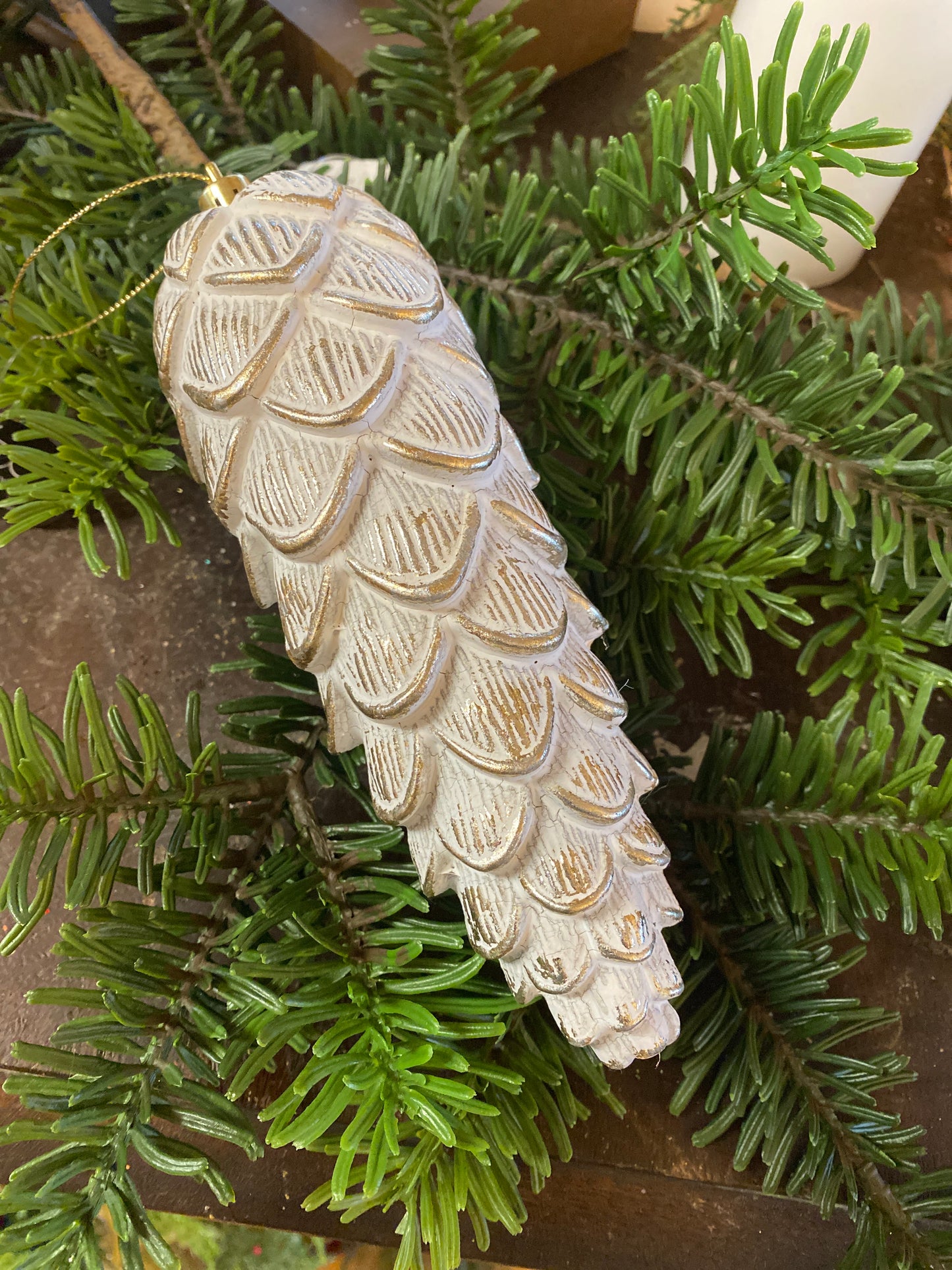 8” Cream with Gold Accents Plastic Pinecone Ornament