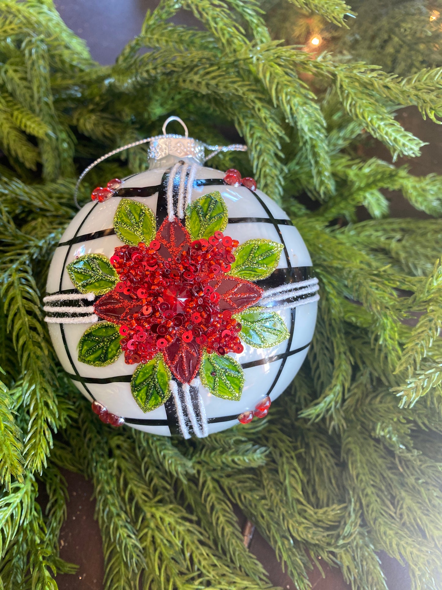 4-6" Glass Poinsettia Plaid Ball/ Final Ornaments