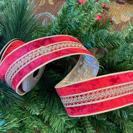 Velvet Embroidery Gold Center Glitter center Trim Red ribbon 2.5"x5yds