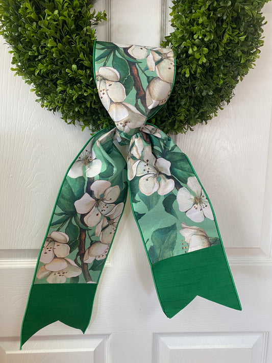 6”x 60” Dupion Banner/ Wreath Sash Dogwood w/ Celedon Back