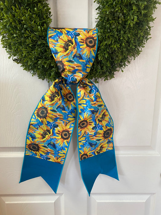 6”x 60” Dupion Banner/ Wreath Sash Sunflower w/ Blue Back