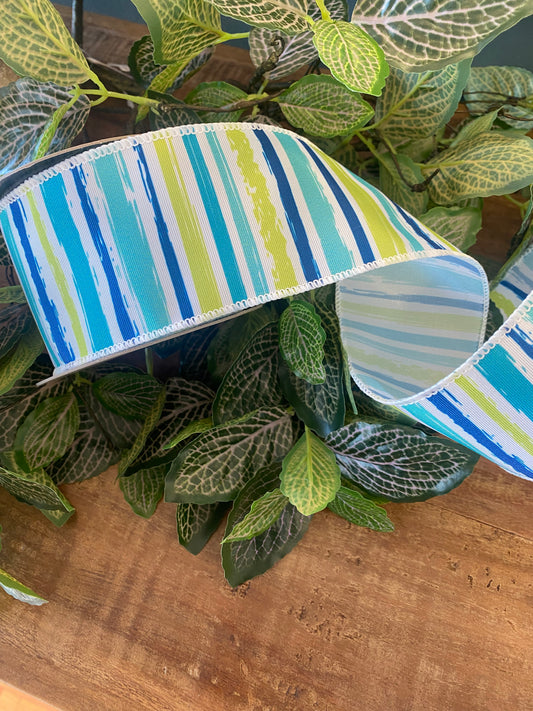 2.5”x 10yds Grosgrain Vertical Blue Green Watercolor Stripes Ribbon