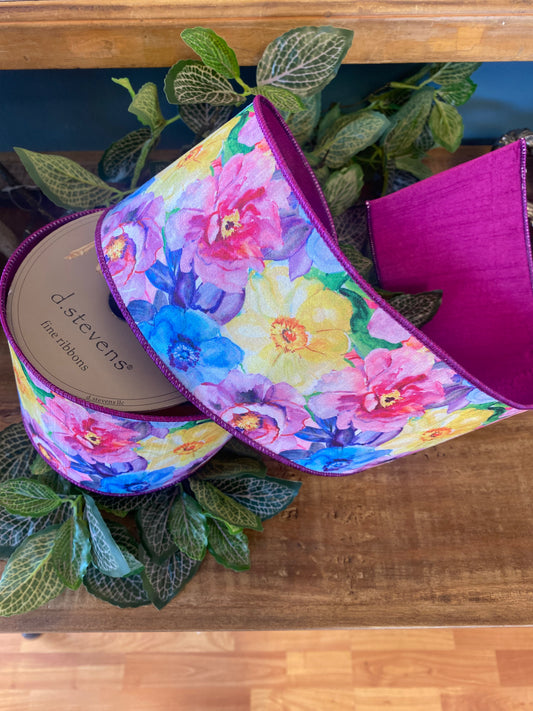 4”x 10yds Dupion Abstract Watercolor Hand painted Floral Ribbon