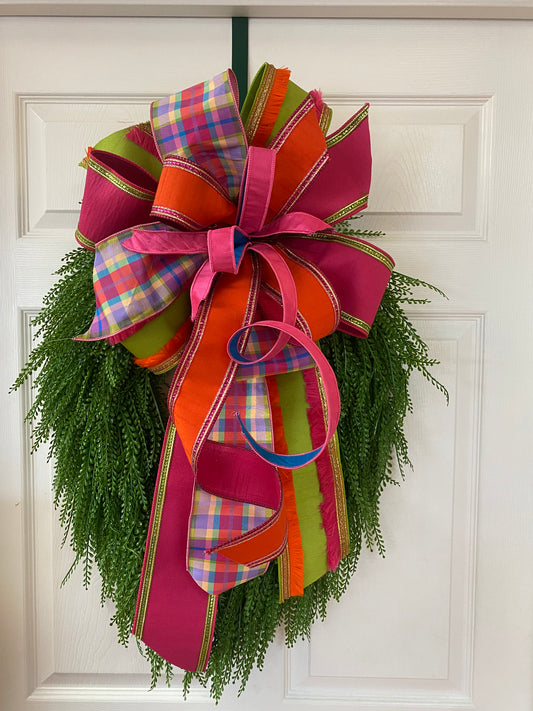 Orange, Lime & Pink Plaid With Fringe Bow (Bow Only)