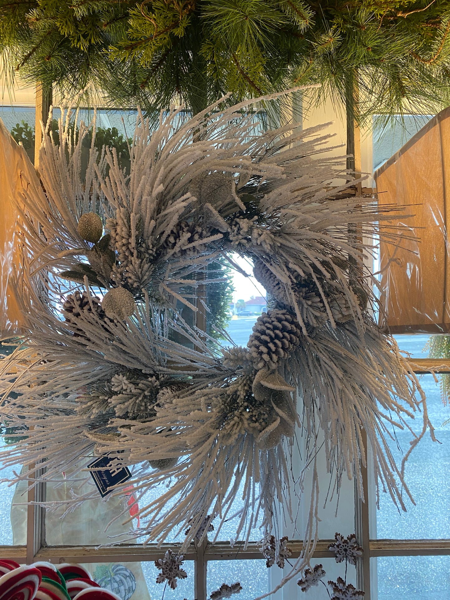 26” Flocked Long Needle Pine Wreath w/Mixed Cones & Eucalyptus