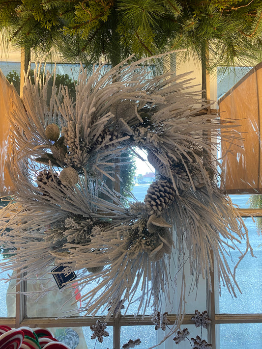 26” Flocked Long Needle Pine Wreath w/Mixed Cones & Eucalyptus