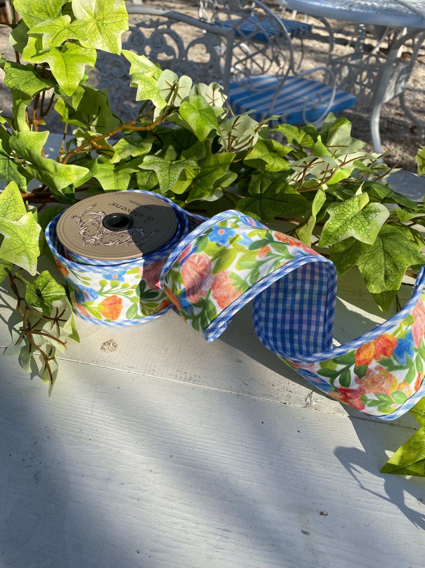 2.5'x5yds Poplin Mixed Floral Ribbon With Blue and White Gingham Trim
