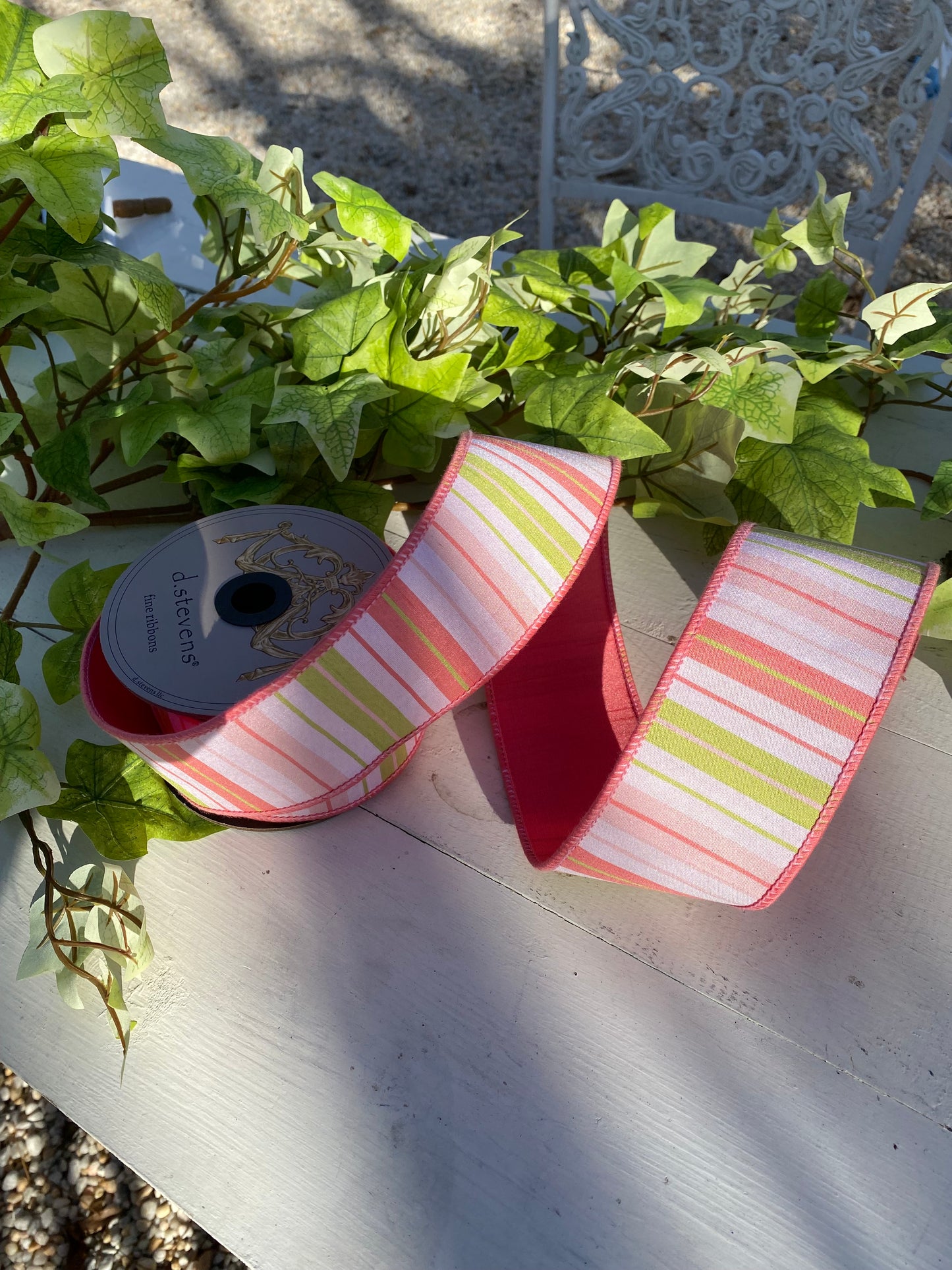 2.5"x10yds Pink and Green Striped Ribbon with Solid Pink Back