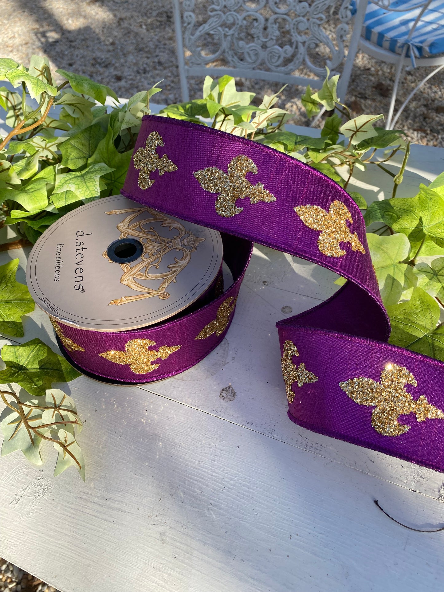 2.5"x10yds Metallic Dupion Gold Glitter Fleur De Lis, Purple