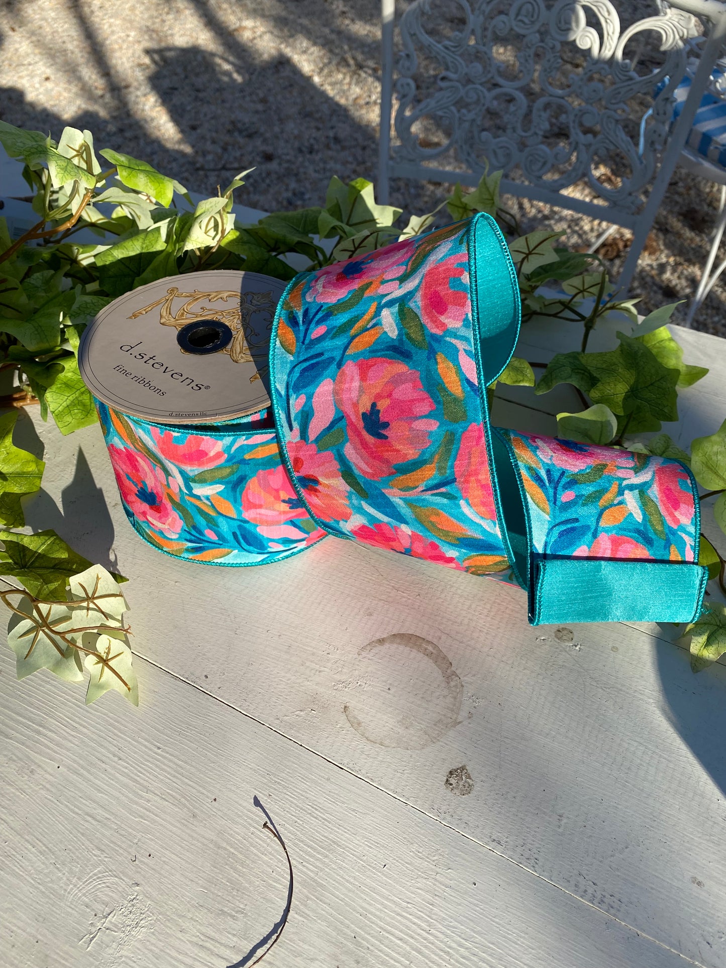 4"x 10yds Dupion Abstract Flowers, Pink, Teal, & Golden Yellow