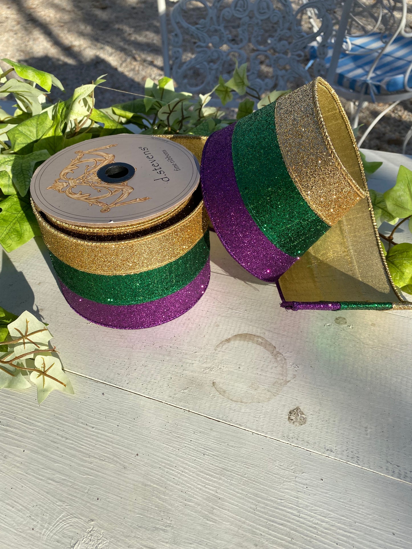 4"x10yds Tri Color Glitter Stripe Ribbon Purple,Green, Gold