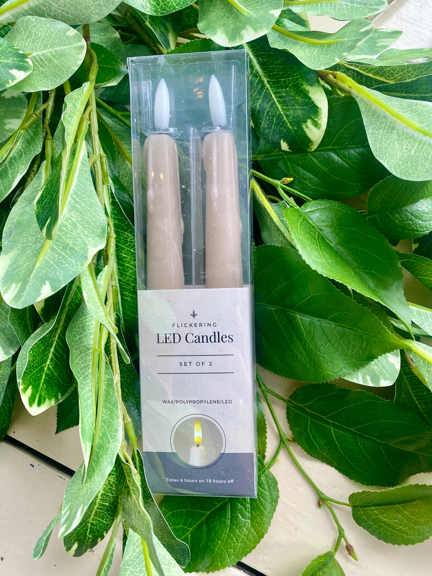 8" Taupe LED Drip Taper Candles w/ Timers Set of 2