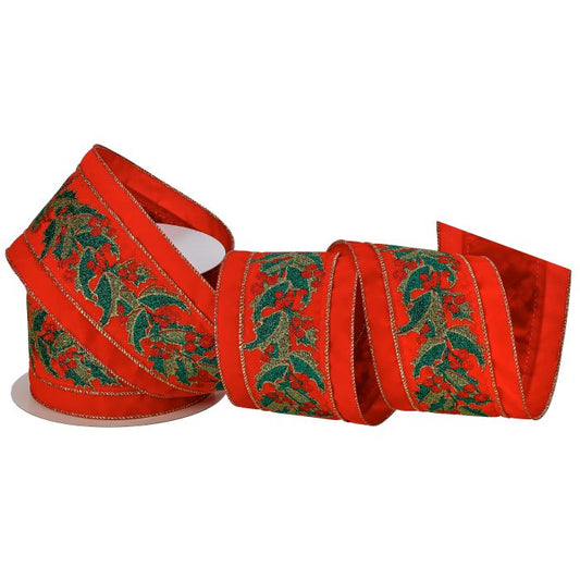 4"x10yds Velvet W/ Holly Metallic Overlay Ribbon