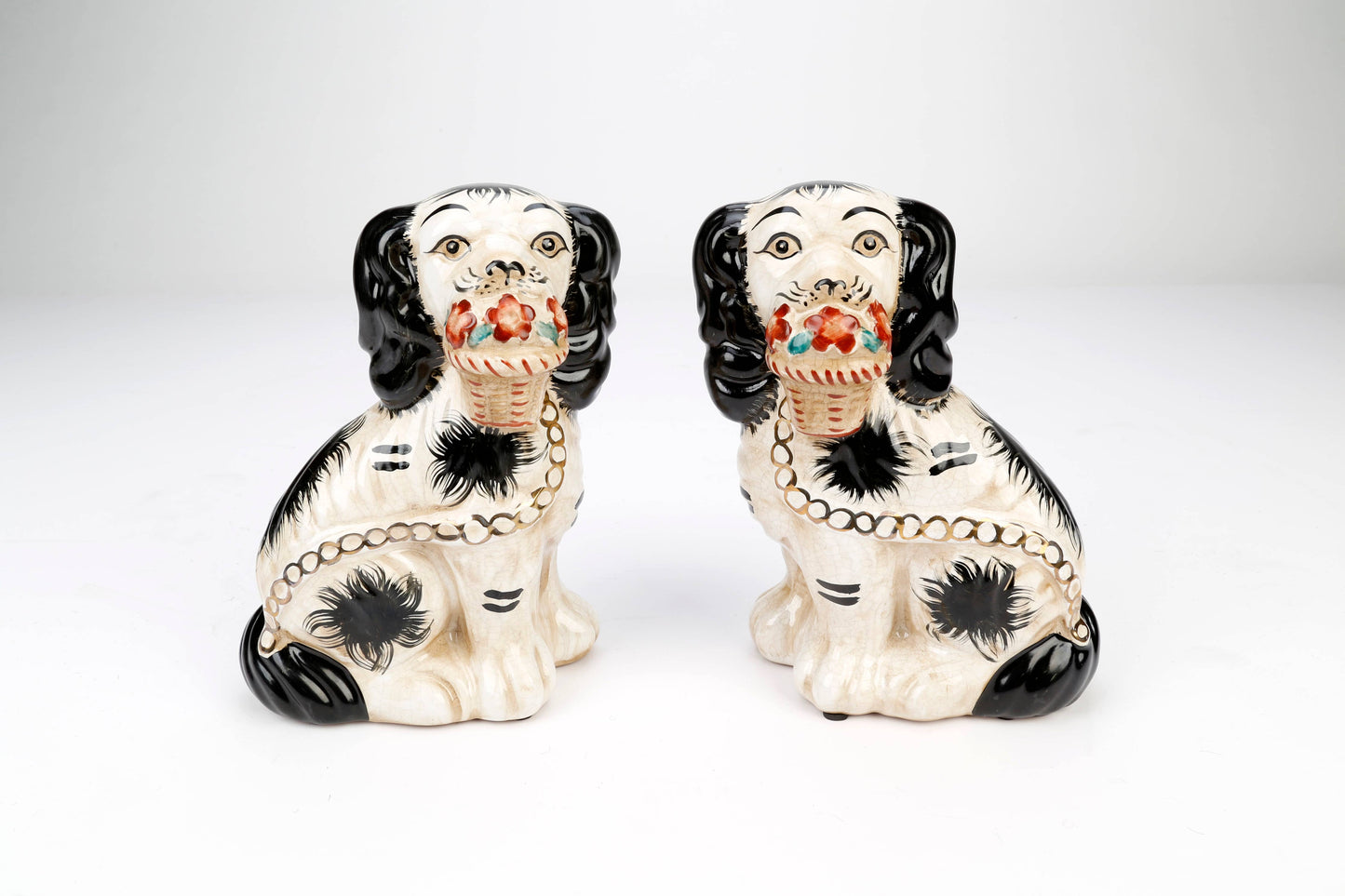 Staffordshire Dog Pair with Flower Baskets, Black Finish