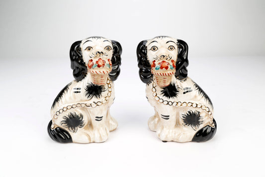 Staffordshire Dog Pair with Flower Baskets, Black Finish