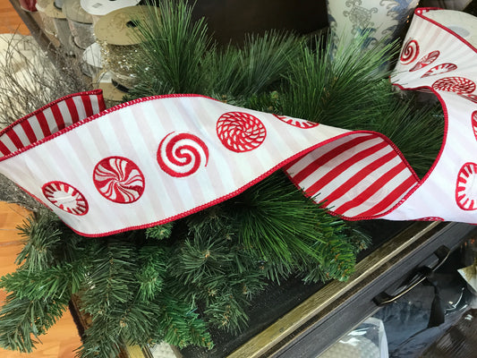 Peppermint Swirl Candy Ribbon with Striped Backing 4”x10yds