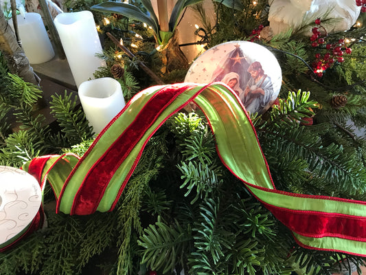 Green Faux Dupioni Ribbon W/ Red Velvet Center 2.5”x 10yd