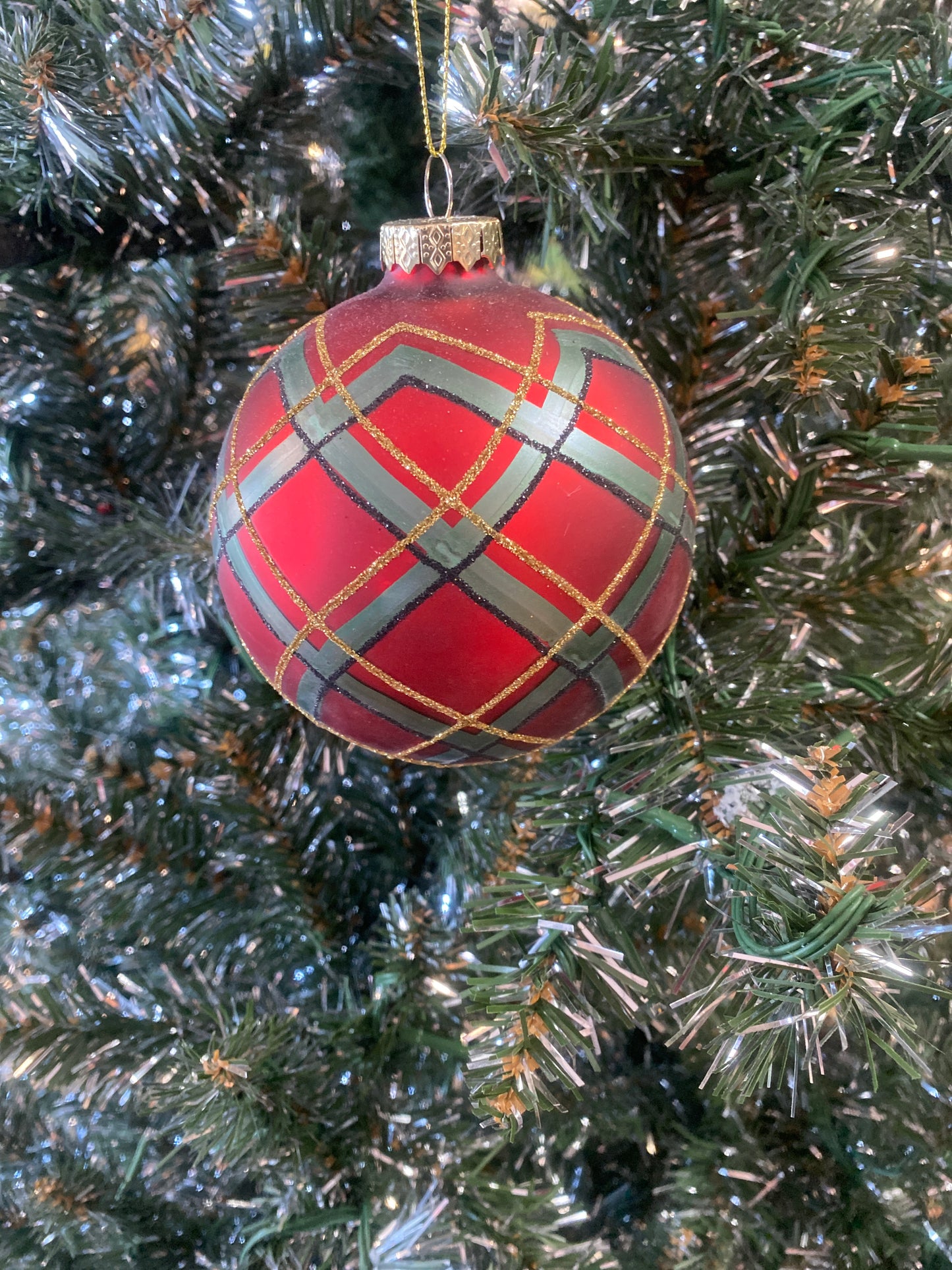 Ornament (2 Asst) 4"D, 4.75"H Glass Red/Grey Plaid