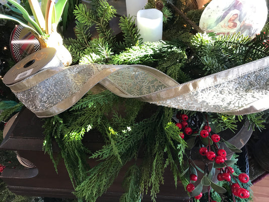 4"x5yds Metallic Dupion Clear Jeweled Floral Center Trim, Platinum