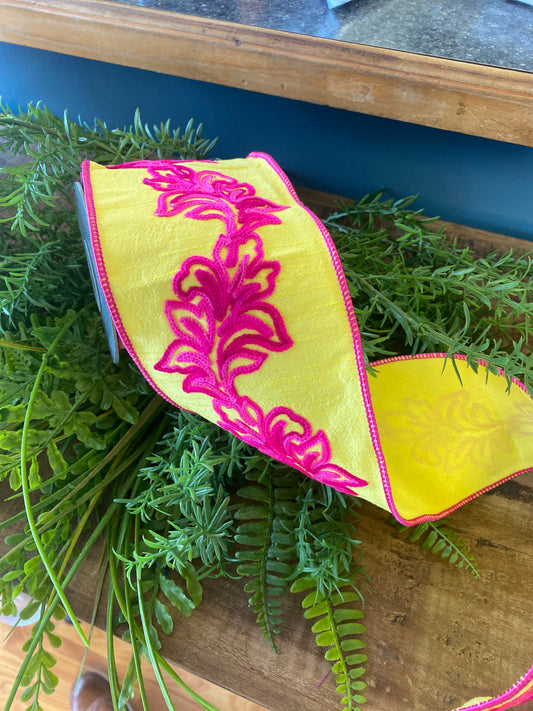 Filigree Embroidery Leaf Vine Dupioni Deluxe Wired Edge Yellow/Fuchsia 4"x 5yds