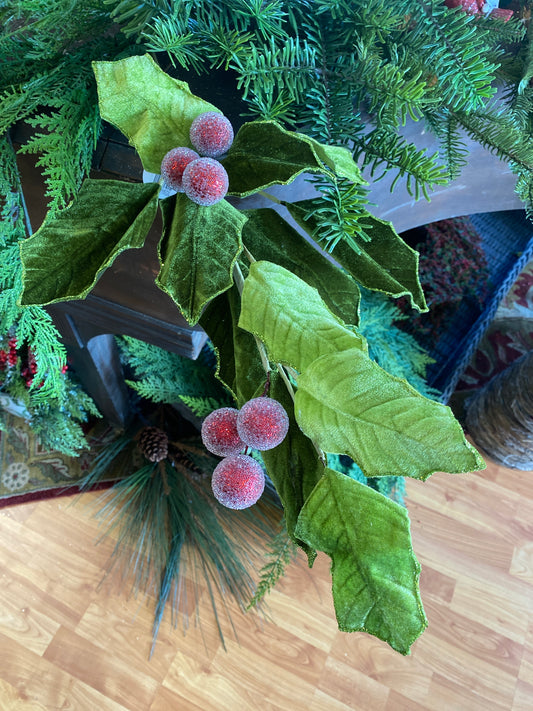 31” Old World Velvet Holly Spray