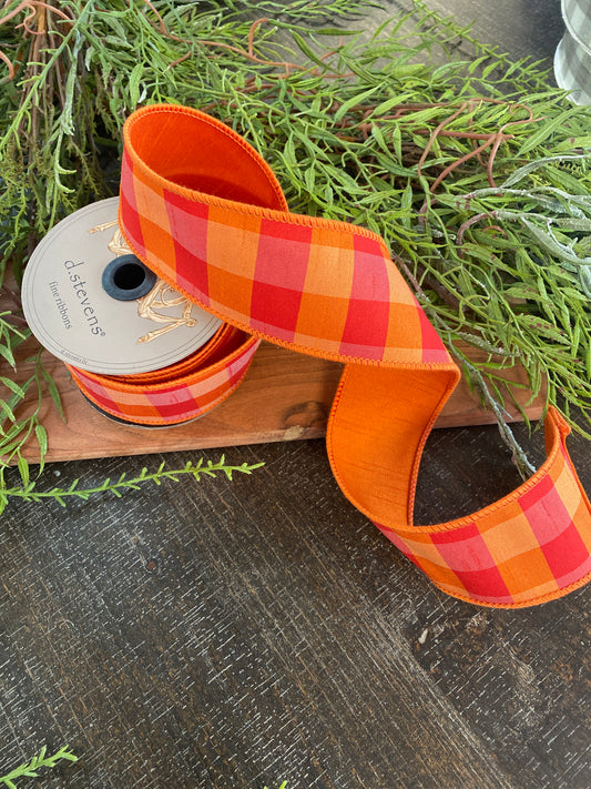 2.5"x10yds Faux Dupion Check Orange Back, Orange, Red