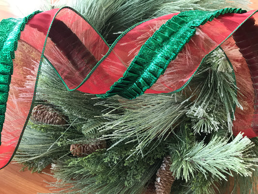 Red Sheer Emerald Ruffle Center Ribbon 4”x10yds