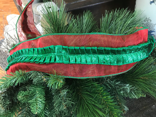 Red Sheer Emerald Ruffle Center Ribbon 4”x10yds