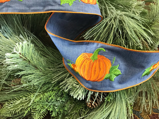 Pumpkin Embroidered Deluxe Wired Edge Ribbon Denim 4”x5yds