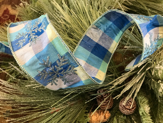 Snowflake Dupioni Plaid Ice Blue Wired Edge Ribbon Blue 2.5”x10yds