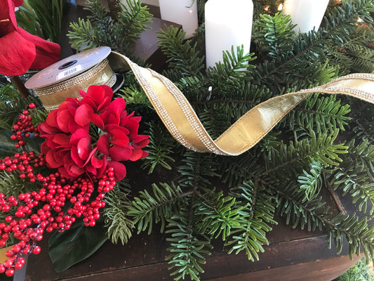 1.5" x5yds Metallic Dupion Clear Crystal Jewel Stripe, Gold