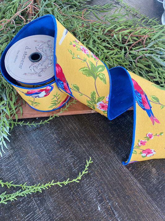 4"x10yds Canvas Blue Birds Cherry Blossom Golden Yellow, Pink, Blue