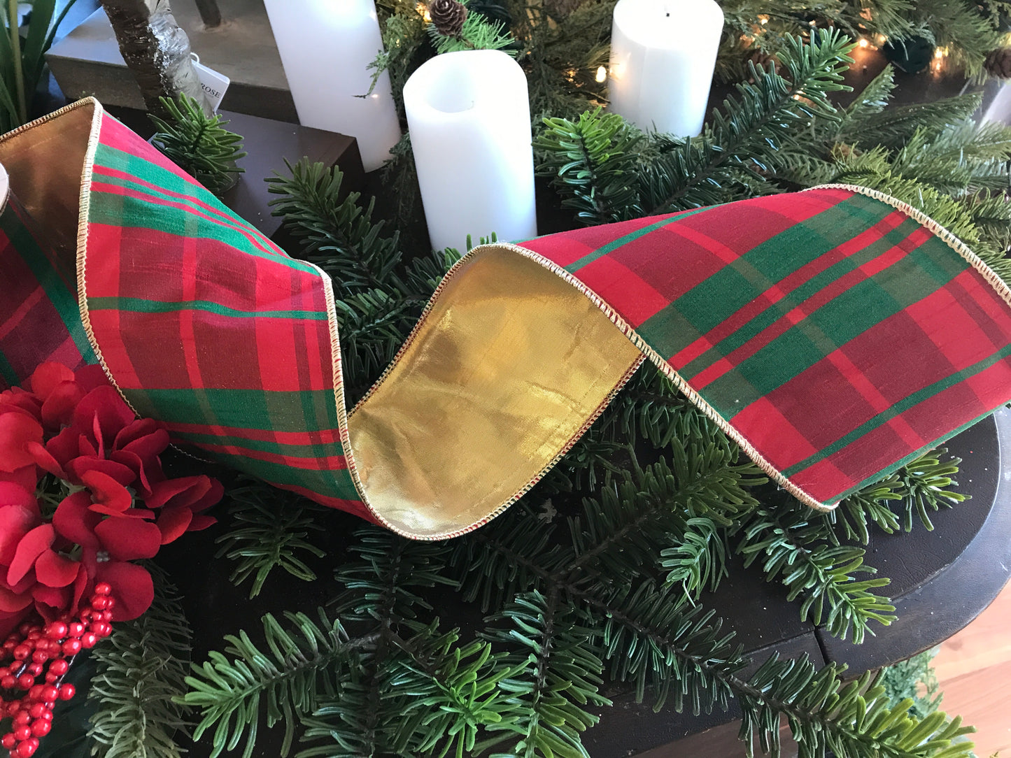 4”x 10yds Red/Green Plaid Pattern on Red Dupion w/ Gold Lame Back Ribbon