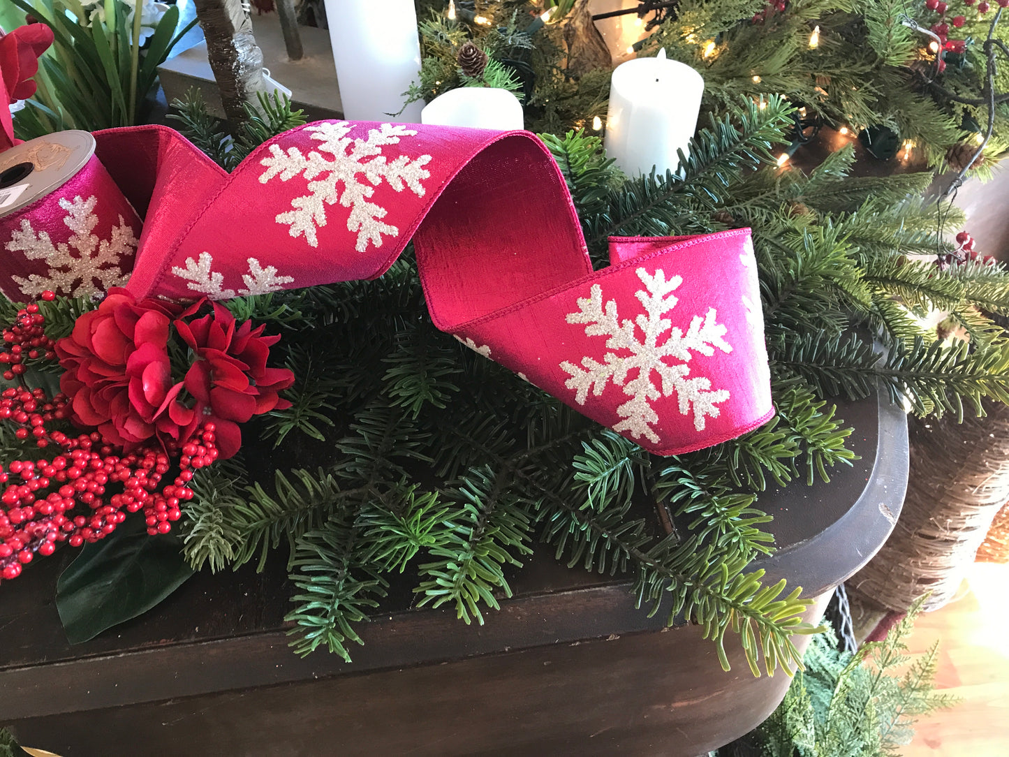 4"x5yds Metallic Dupion Iridescent Glitter Snowflake Ribbon Hot Pink