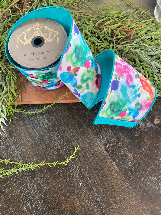 4"x10yds Dupion Watercolor Botanical Leaves, Teal, Pink, Green
