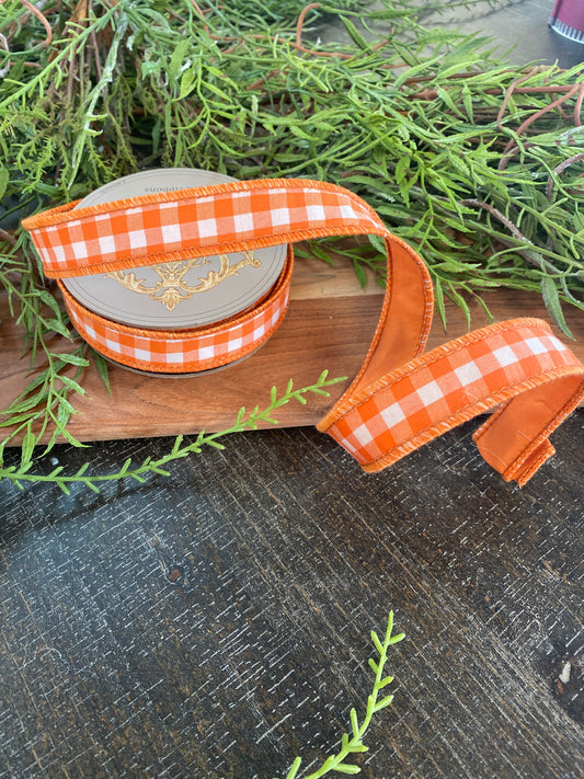 1"x10yds Taffeta Small Check Orange back, Orange White