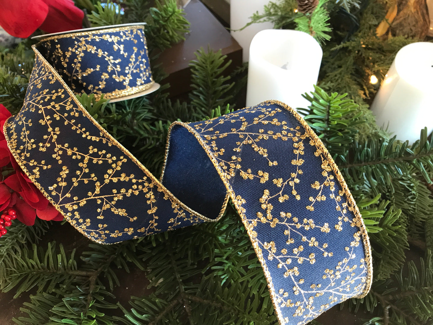 2.5"x 10yds Navy/Gold Berry Branch Wired Polyester Ribbon