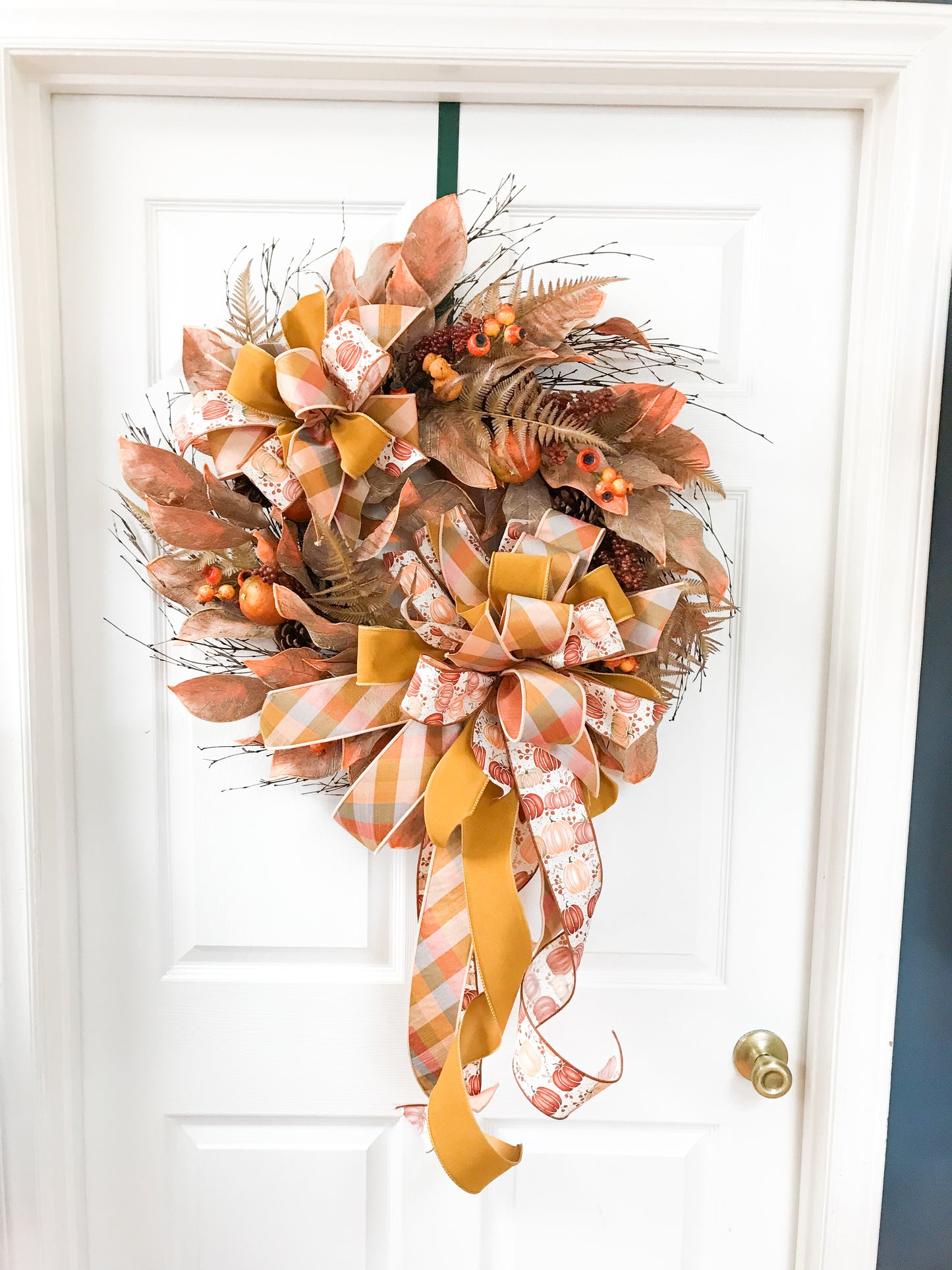 30” Round Brown & Orange Fern & Magnolia Wreath with Designer Bow