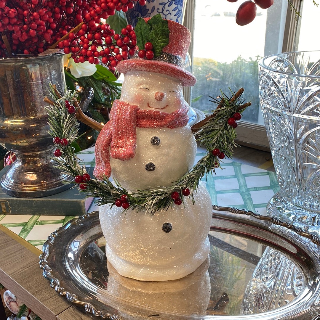 13.75” Sugar Glittered Snowman Holding Garland