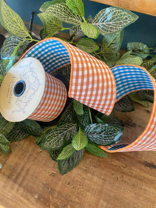 2.5”x 10yds Poplin Gingham, Orange/Teal Ribbon