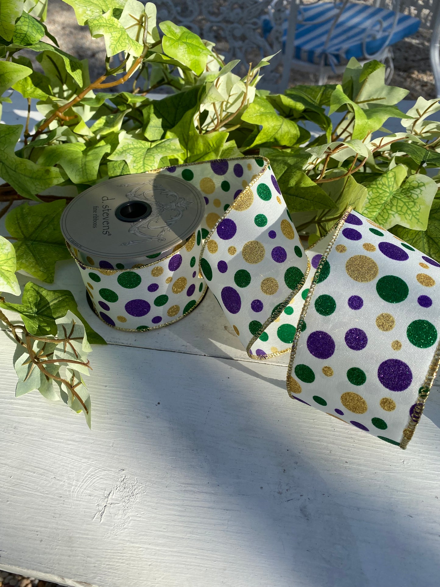 2.5"x 10yds Poplin Glitter Dots White, Purple, Green, Gold