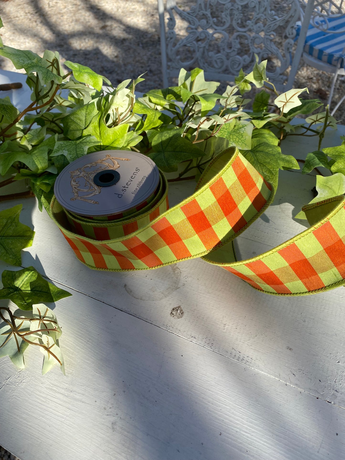 2.5"x 10yds Orange/Green Check Dupion Ribbon