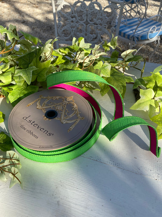 1"x 25yds Double sided Dupion, Lime Green and Hot Pink