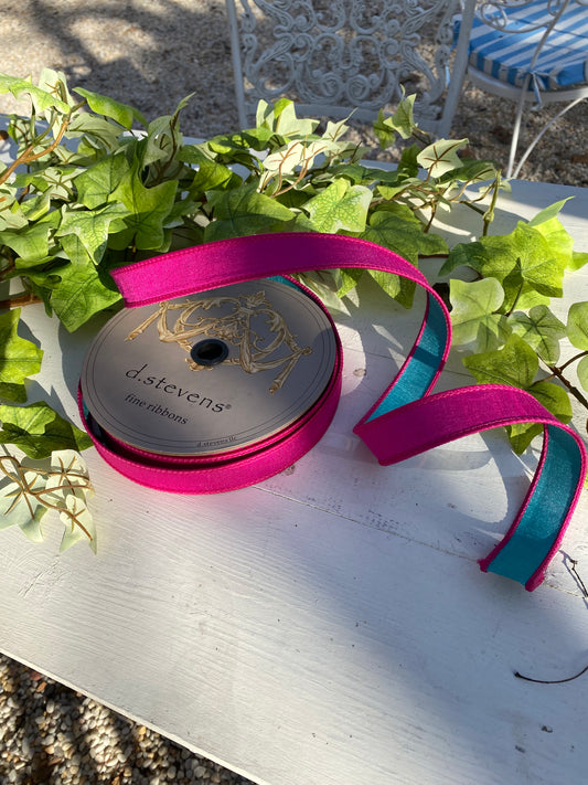 1"x25yds Double Sided Dupion, Teal, Hot Pink