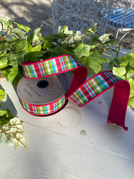 1.5"x 10yds Bright colored Plaid Pink,Lime Green,Ice Blue Ribbon